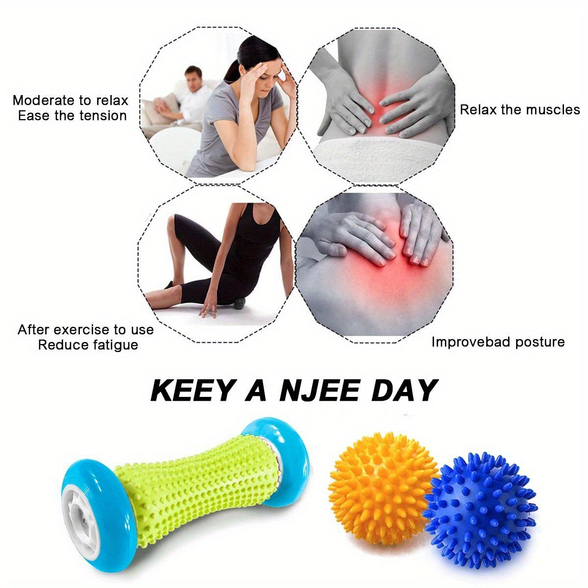 2-in-1 Foot Massager 2 Spiked Balls + 1 Roller Foot Massage Roller | Relieves Plantar Pressure, Relaxes Shoulders Back of Legs Hands | Light Blue